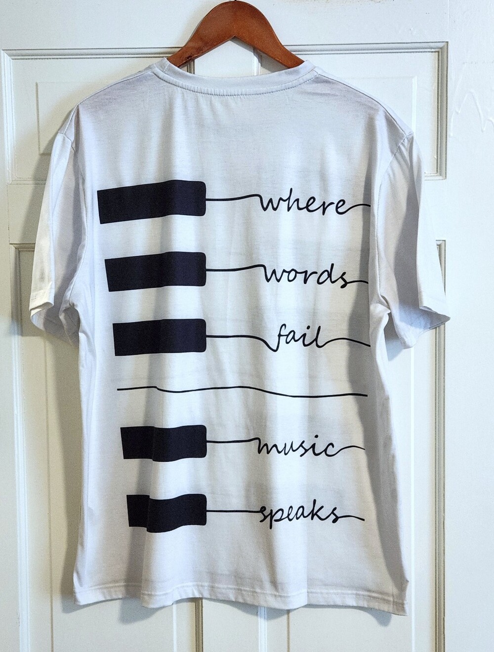 🎼🎹 White/Black "Where Words Fail, Music Speaks" S/S Tee - Picture 2 of 9